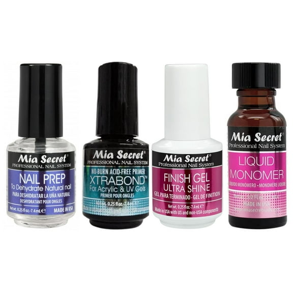 Mia Secret Nail Prep, MINI Xtrabond Primer, UV Finish Gel Ultra Shine & Liquid Monomer - COMBO PACK ( 0.25 oz each )