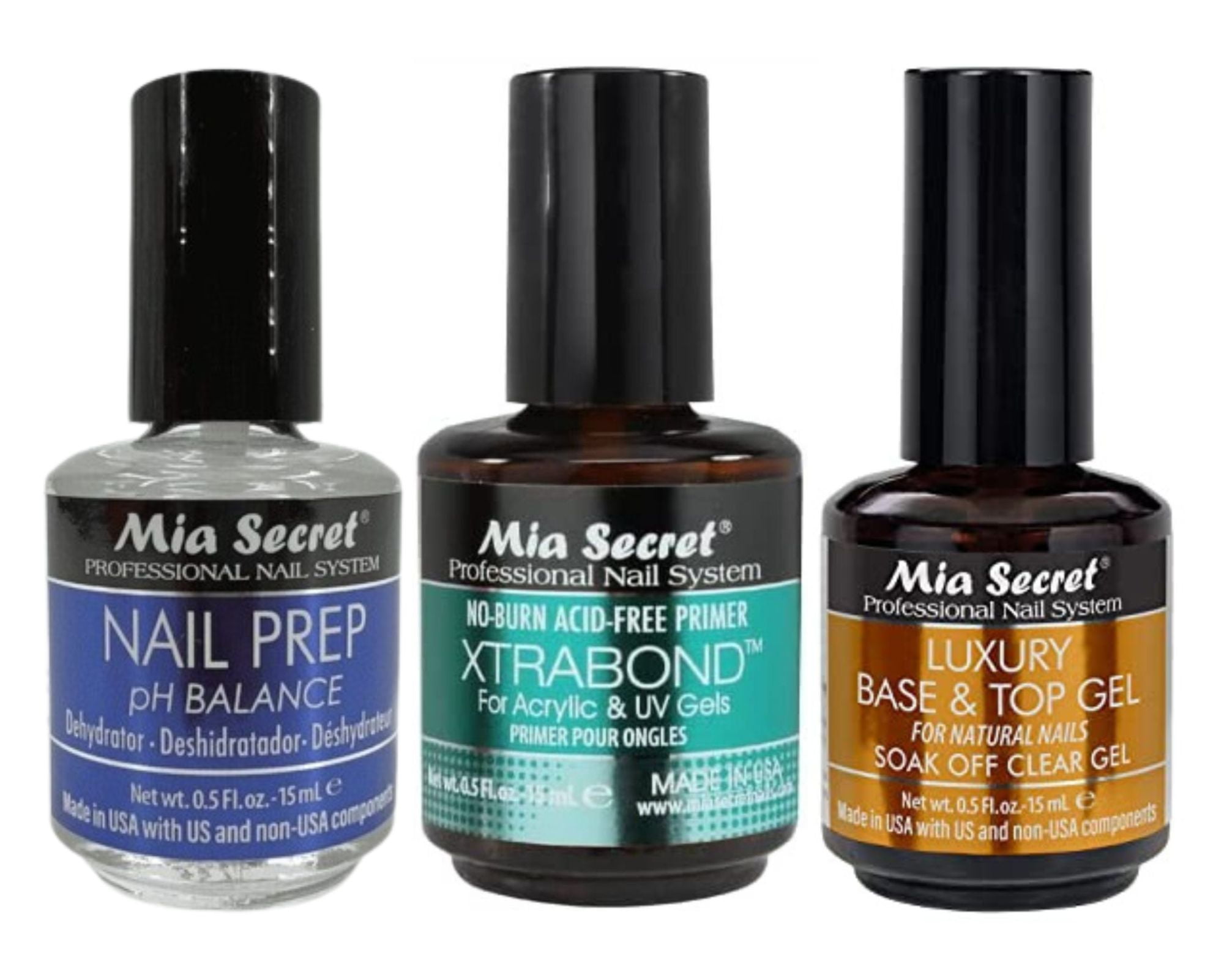 Mia Secret Nail Prep, Xtrabond Primer,& Luxury UV Base & Top Gel ( 0.5 oz each )