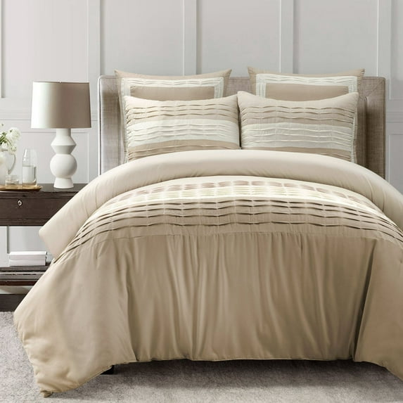 Mia Solid Pleated Color Block With Euro Shams Comforter Neutral 5Pc Set Full/Queen