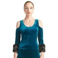 thumbnail image 1 of Mia Top - Women's Velvet 3/4 sleeve top with cut-out shoulders & contrast faux fur cuffs, 1 of 6