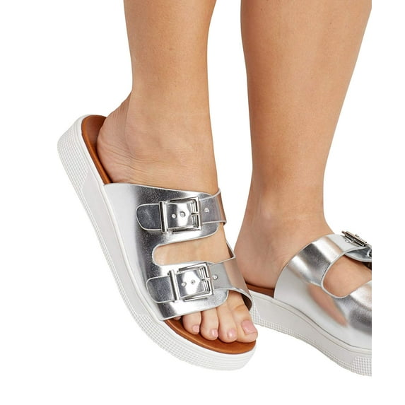 Mia Venessa Silver Double Buckle Comfortable Footbed Slide Mule Platform Sandals (6, Silver)