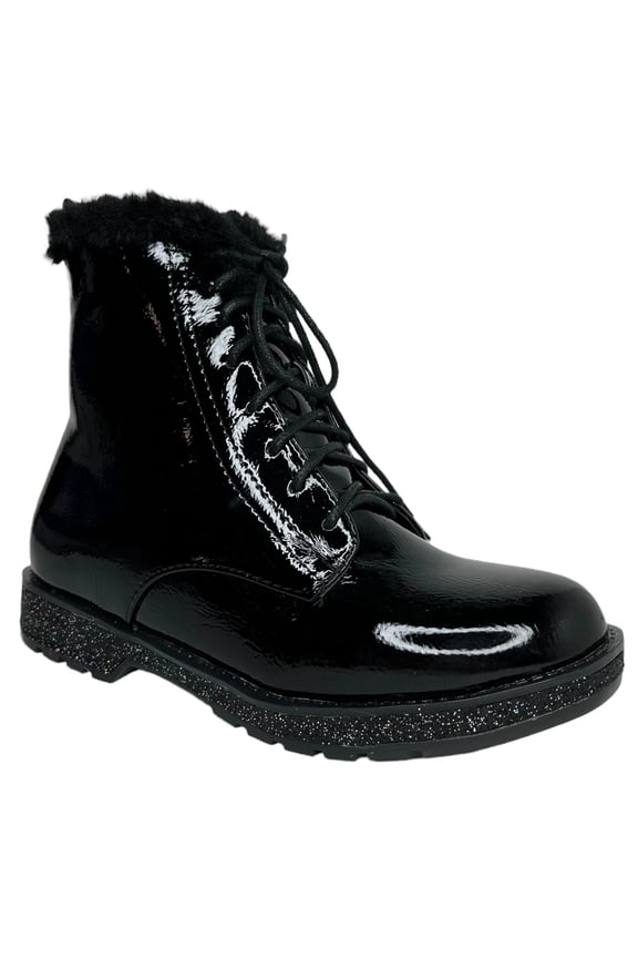 Youth Girls Fashion Boot Size 2Y Black Glitter Accent Faux Fur Trim Lace up
