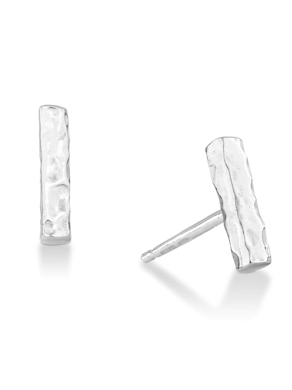 925 Sterling Silver or 18Kt Gold Over Silver Hammered Minimalist Flat Bar Dainty Stud Earrings for Women Made in Italy (sterling silver)