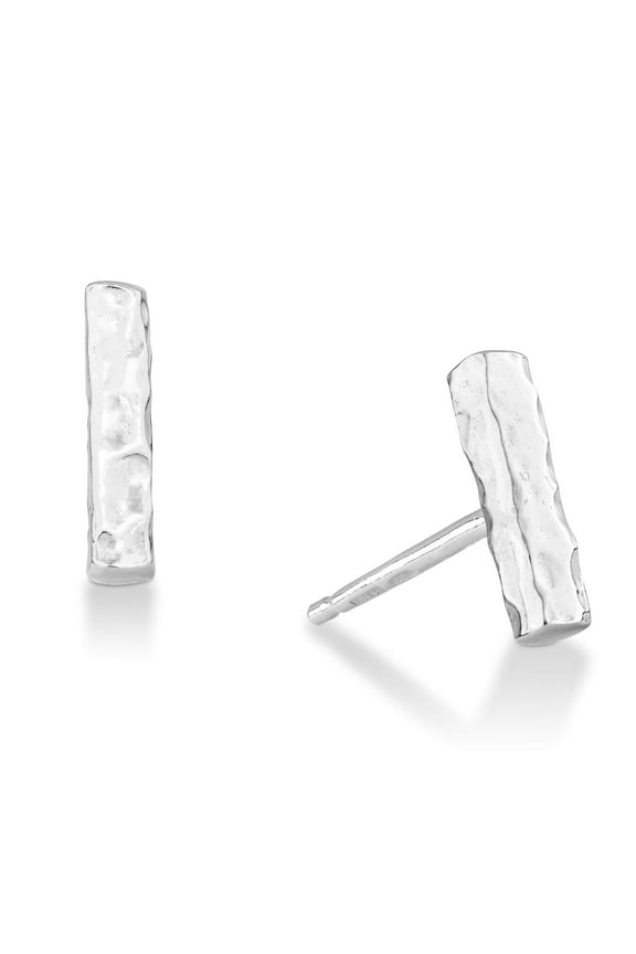 925 Sterling Silver or 18Kt Gold Over Silver Hammered Minimalist Flat Bar Dainty Stud Earrings for Women Made in Italy (sterling silver)