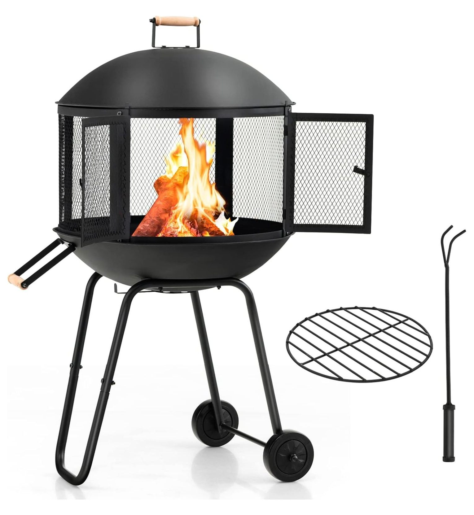 MiaHltTia 28” Wood Burning , Rolling Patio Fireplace with Lockable