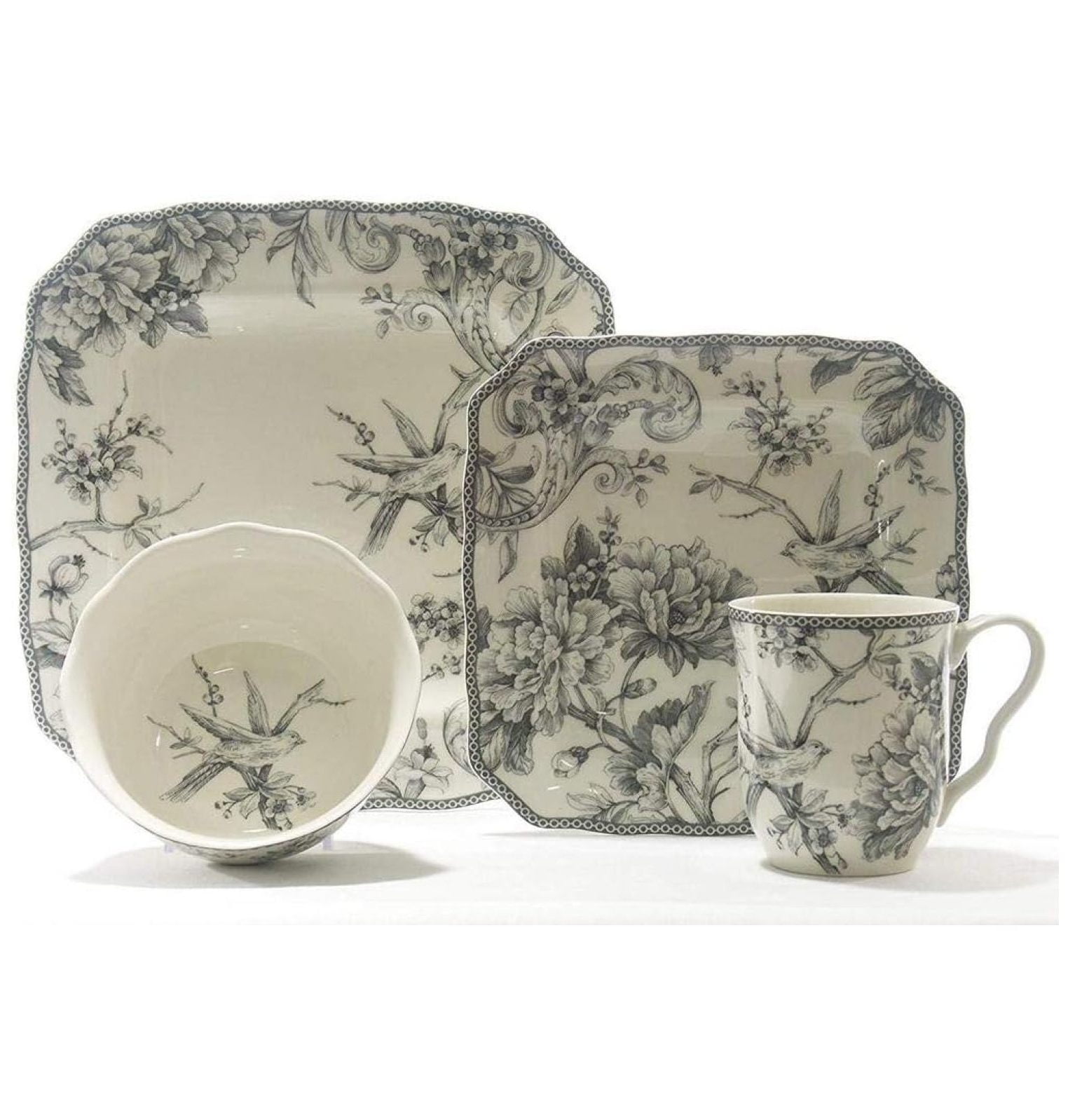 Gray and White Floral Square Porcelain Dinnerware Set, Service for 4
