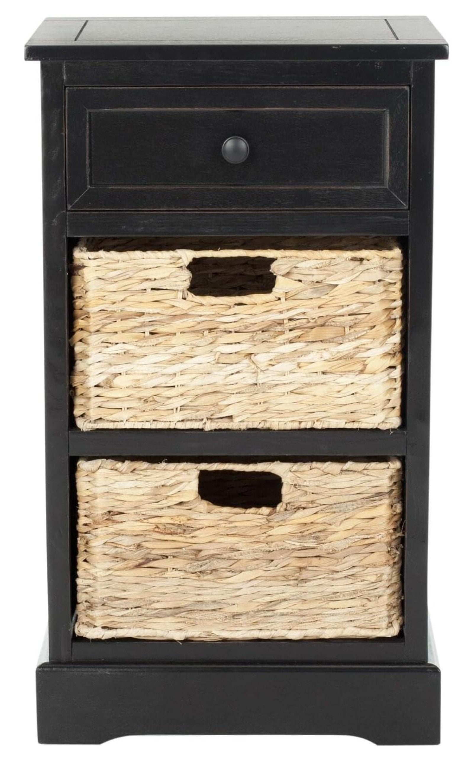 Distressed Black Pine Side Table with Wicker Storage