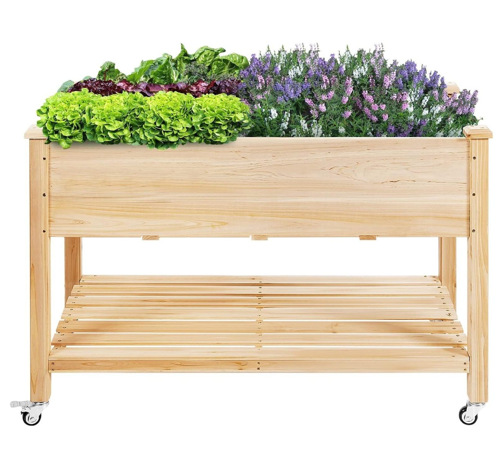 MiaHltTia Raised Garden Bed with Wheels, Wood Planter Box with Storage