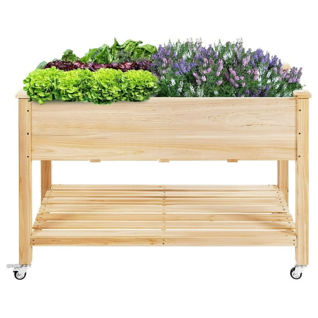 MiaHltTia Raised Garden Bed with Wheels, Wood Planter Box with Storage