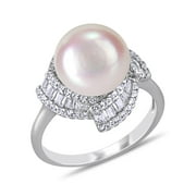 Miabella 10.5-11mm Freshwater Cultured Pearl and 1-1/10 Carat T.G.W. Cubic Zirconia Sterling Silver Swirl Engagement Ring