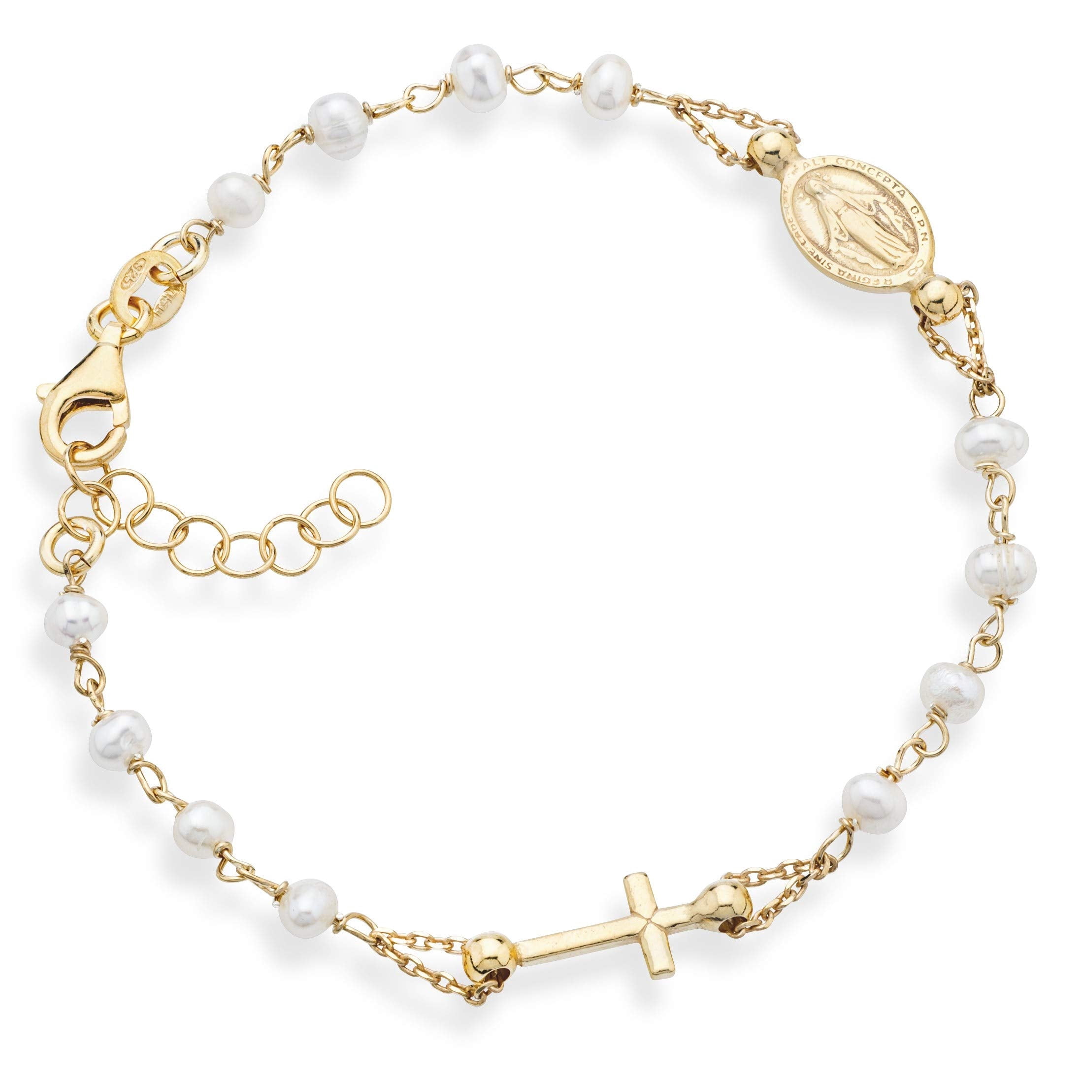 Miabella 18K Gold over 925 Sterling Silver 3.5-4mm White Cultured Freshwater Pearl Rosary Cross Charm Bead Bracelet for Women, Adjustable Link Chain 6 to 8 Inch 925 Italy (6" to 7")