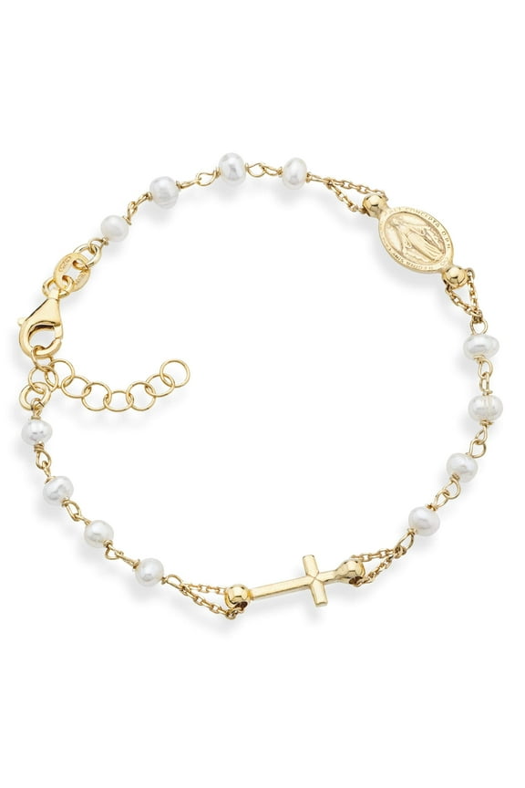 18K Gold over 925 Sterling Silver 3.5-4mm White Cultured Freshwater Pearl Rosary Cross Charm Bead Bracelet for Women, Adjustable Link Chain 6 to 8 Inch 925 Italy (6" to 7")