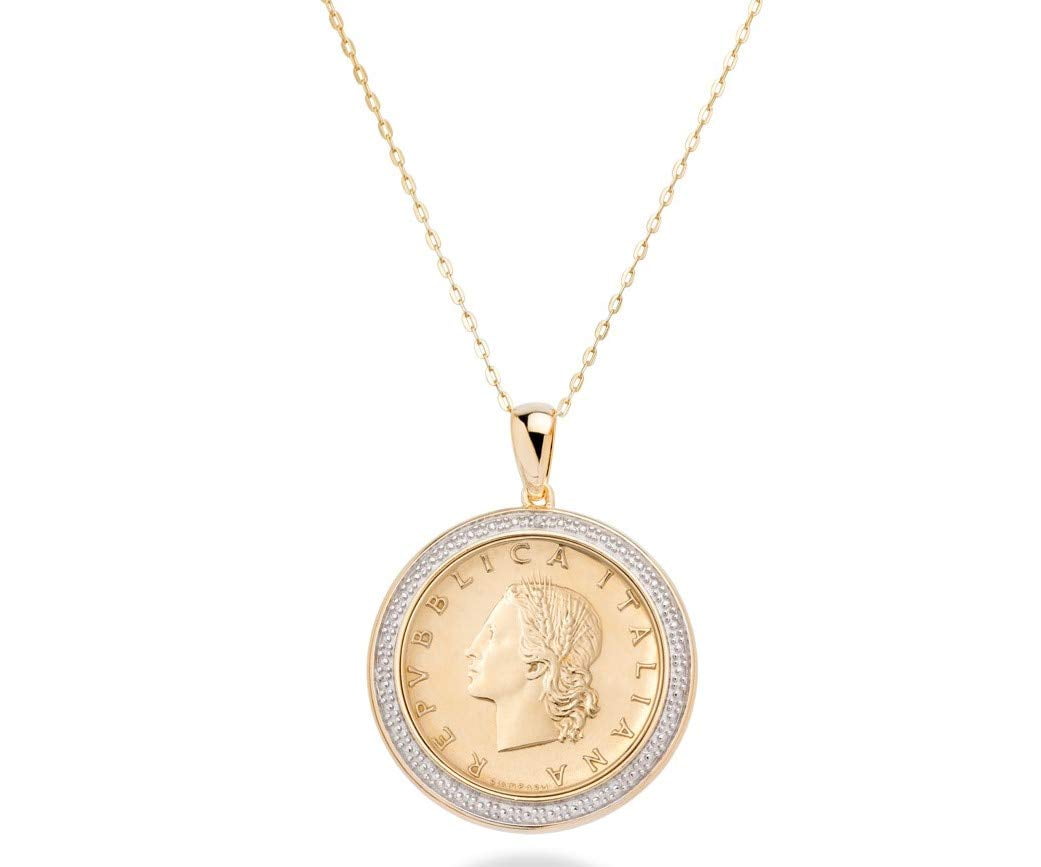 Miabella 18K Gold over 925 Sterling Silver Diamond Accent Genuine Italian 20 Lira Coin Medallion 18 Inch Chain Pendant Necklace for Women (yellow gold plated silver)