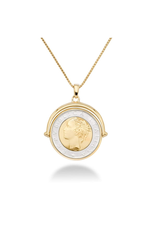 18K Gold Over 925 Sterling Silver Italian Genuine 500-Lira Reversible Flip Coin Pendant Chain Necklace for Women, Chain Medallion Made in Italy (Length 20 Inches)