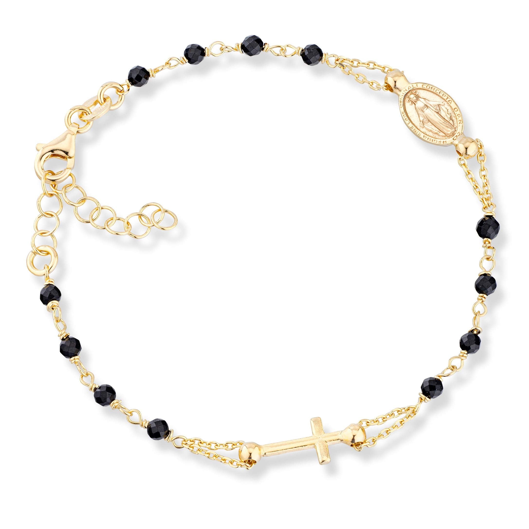 Miabella 18K Gold Over 925 Sterling Silver Italian Natural Black Spinel Rosary Cross Charm Bead Bracelet for Women, Adjustable Link Chain 6 to 8 Inch Handmade in Italy (6" to 7")
