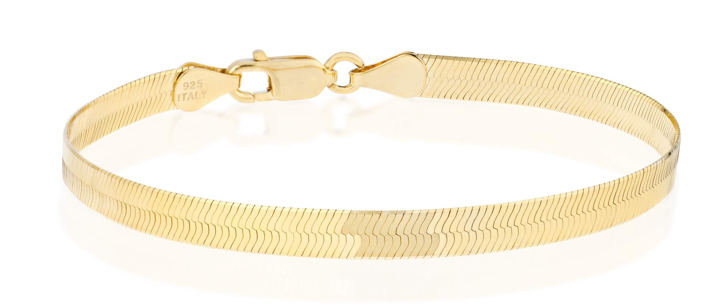 Miabella 18K Gold Over 925 Sterling Silver Italian Solid 4.5mm Flexible Flat Herringbone Link Chain Bracelet for Women Men, Made in Italy (Length 7 Inches)