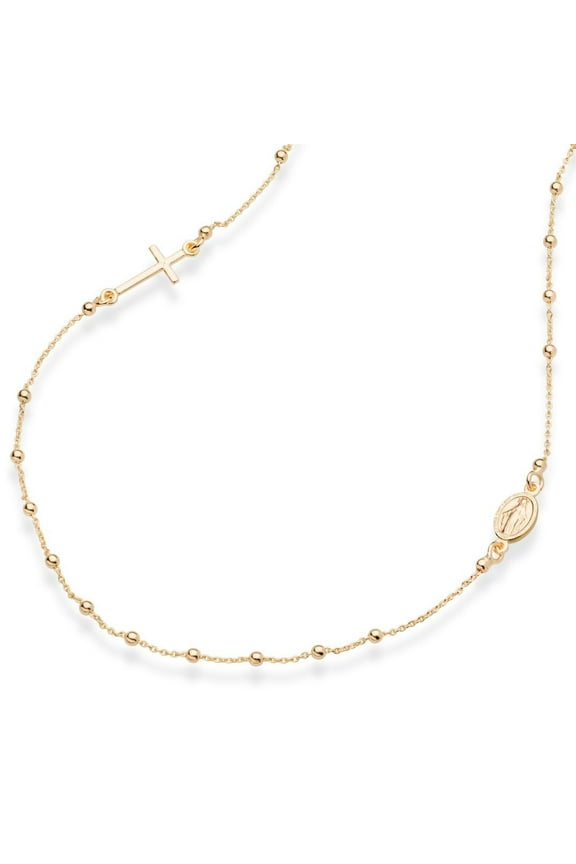 18K Gold Over 925 Sterling Silver Italian Rosary Beaded Sideways Cross Necklace Dainty Chain Necklace for Women Made in Italy (16 Inches)