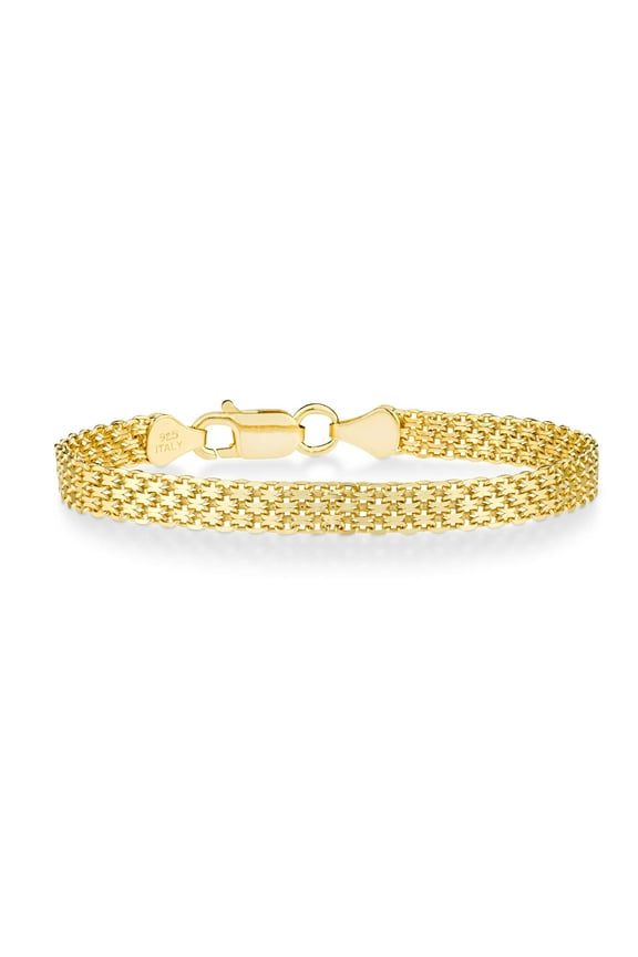 18K Gold Over Sterling Silver Italian 6mm Solid Bismark Mesh Link Chain Bracelet for Women, 925 Made in Italy (Length 8 Inches)