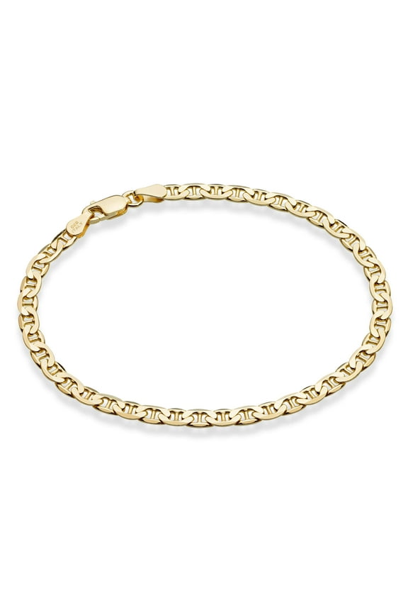 18K Gold Over Sterling Silver Italian 3mm, 4mm Solid Diamond-Cut Mariner Link Chain Anklet Ankle Bracelet for Women, Made in Italy (Width 4mm, Length 11 Inches (Large))