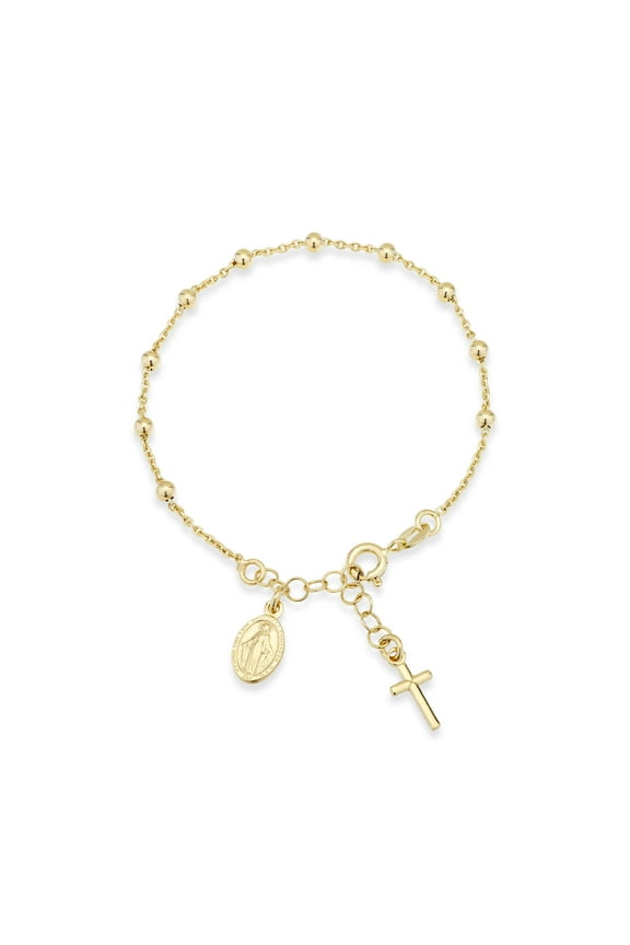 18K Gold Over Sterling Silver Italian Rosary Cross Bead Charm Link Chain Bracelet for Women, Adjustable, 925 Made in Italy (Length 6 to 7 Inch)