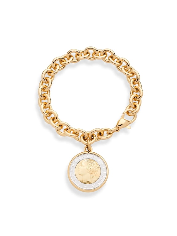 18K Gold over Bronze Italian Genuine 500-Lira Coin Charm Rolo Link Chain Bracelet for Women Made in Italy