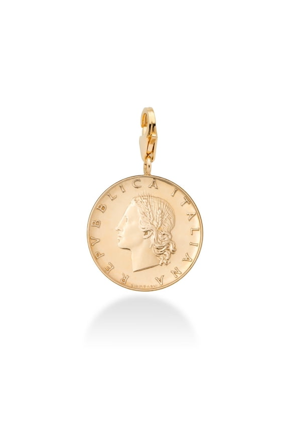 18K Gold over Sterling Silver Genuine Italian 20-Lira Coin Dangle Medallion Charm Pendant for Bracelet Necklace Women Men 925 Made in Italy