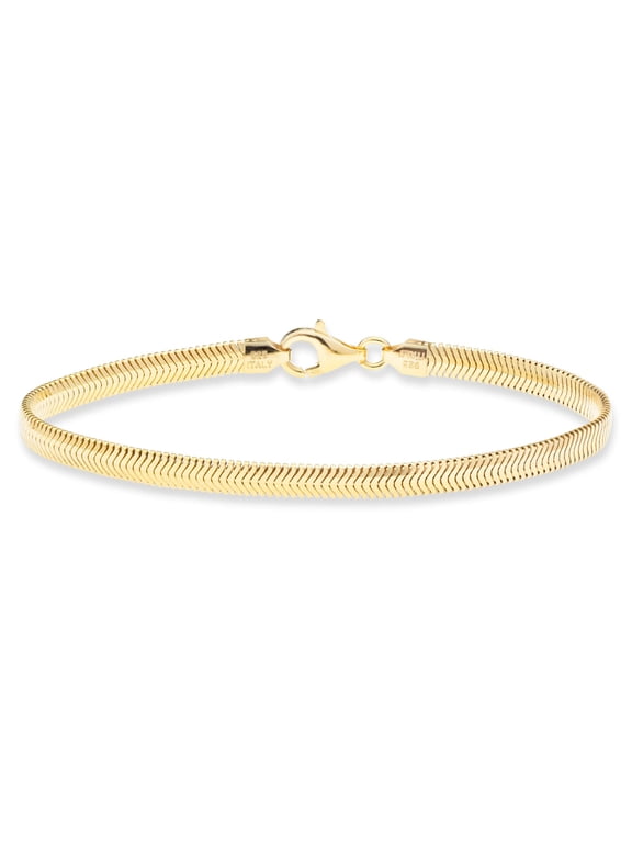 18K Gold over Sterling Silver Italian Solid 4mm Flat Snake Dome Herringbone Chain Link Bracelet for Women Men, 925 Italy (Length 8 Inches)