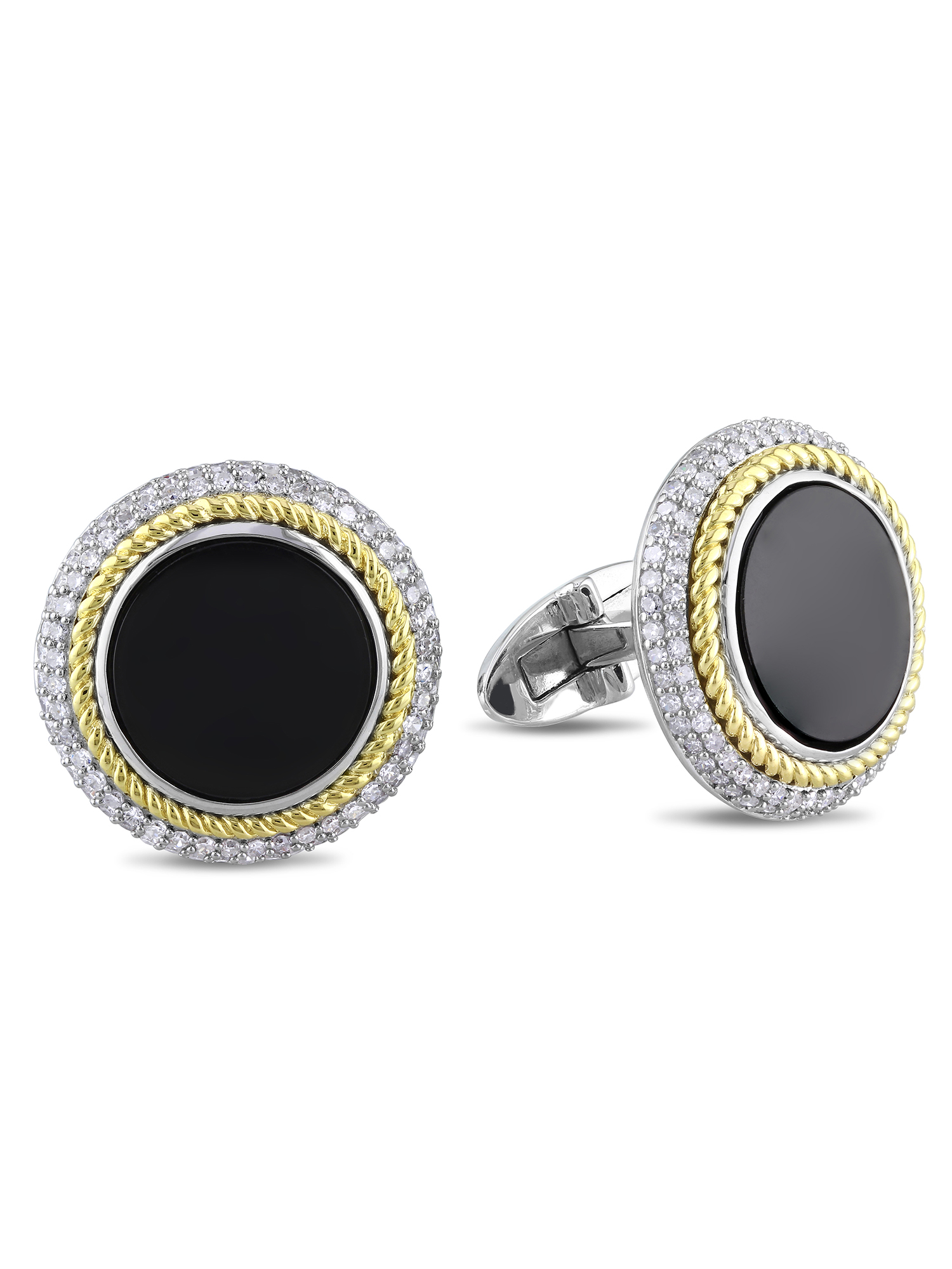 Miabella 8 Carat T.G.W. Black Onyx and 7/8 Carat T.W. Diamond 2-Tone 14k Yellow Gold and Sterling Silver Disc Cufflinks - image 1 of 4