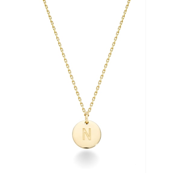 Miabella 925 Sterling Silver or 18K Yellow Gold Over Silver Round Initial Pendant Necklace for Women 18 to 20 Inch Chain, Dainty Letter Necklace Made in Italy (N, yellow gold plated silver)