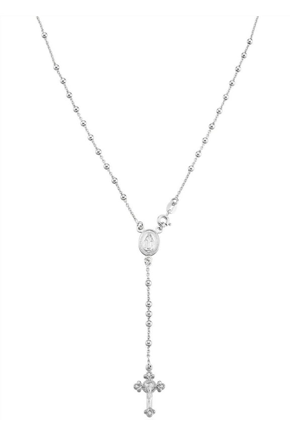 925 Sterling Silver or 18Kt Yellow Gold Over Silver Italian Rosary Bead Cross Y Necklace Chain for Women (sterliing silver, Length 20 Inches)