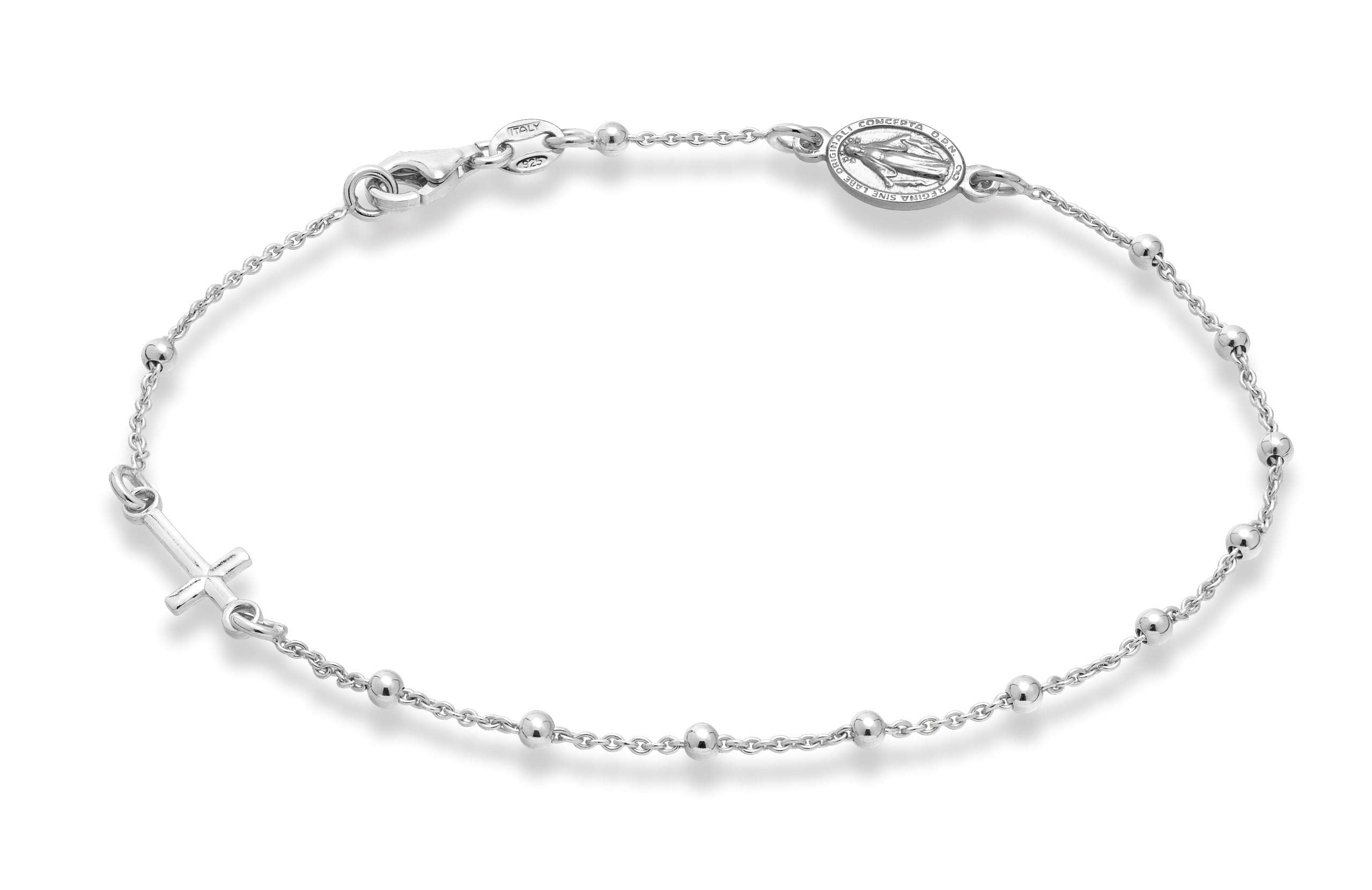 Miabella 925 Sterling Silver or 18Kt Yellow Gold Over Silver Italian Rosary Cross Bead Charm Link Chain Anklet for Women, Made in Italy (sterling silver, Length 9 Inches)