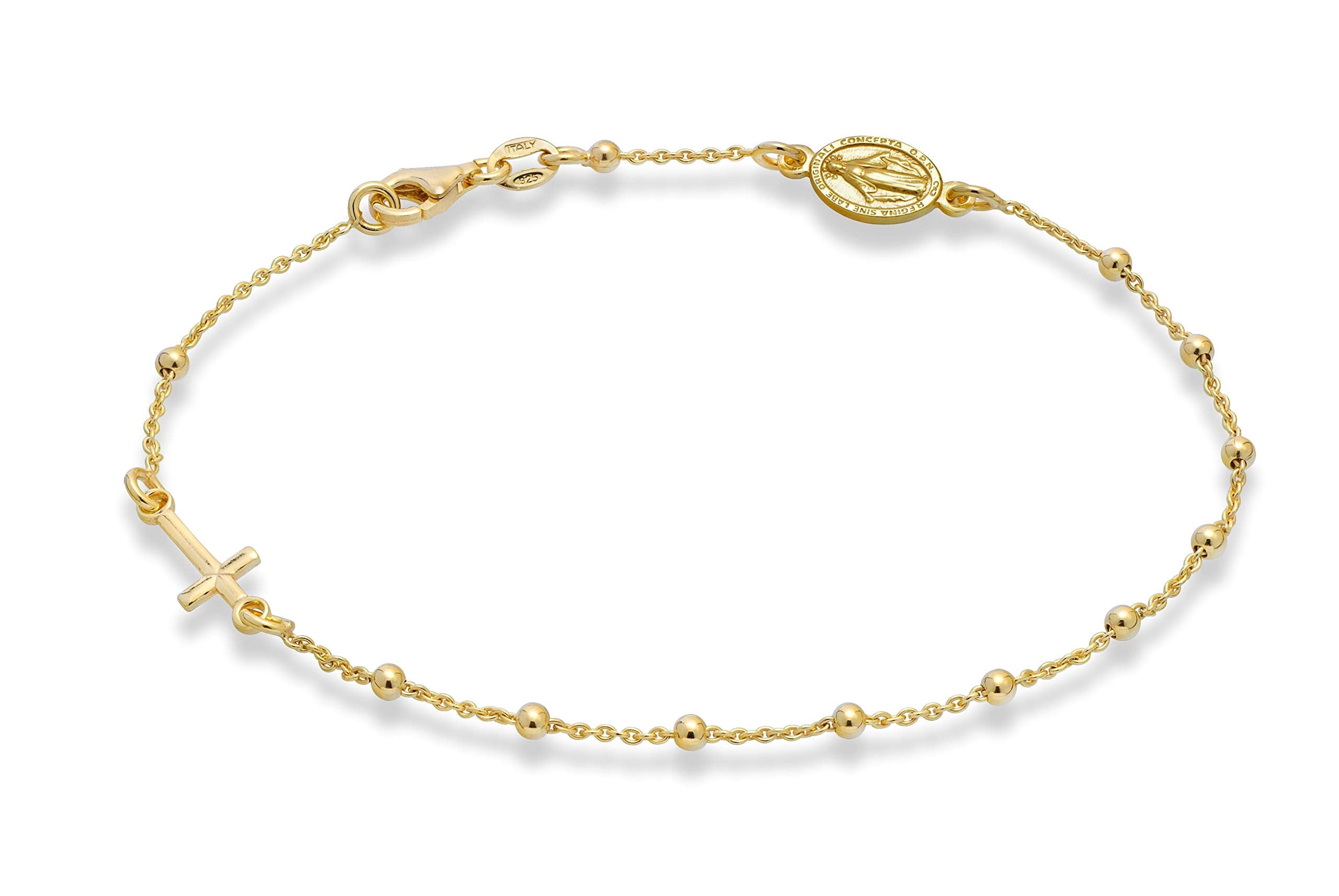 Miabella 925 Sterling Silver or 18Kt Yellow Gold Over Silver Italian Rosary Cross Bead Charm Link Chain Anklet for Women, Made in Italy (yellow-gold-plated-silver, Length 10 Inches)