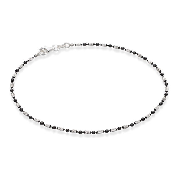Miabella 925 Sterling Silver Diamond-Cut Oval and Round Bead Ball Chain Anklet Ankle Bracelet for Women, Made in Italy (black-rhodium-silver, Length 10 Inches)