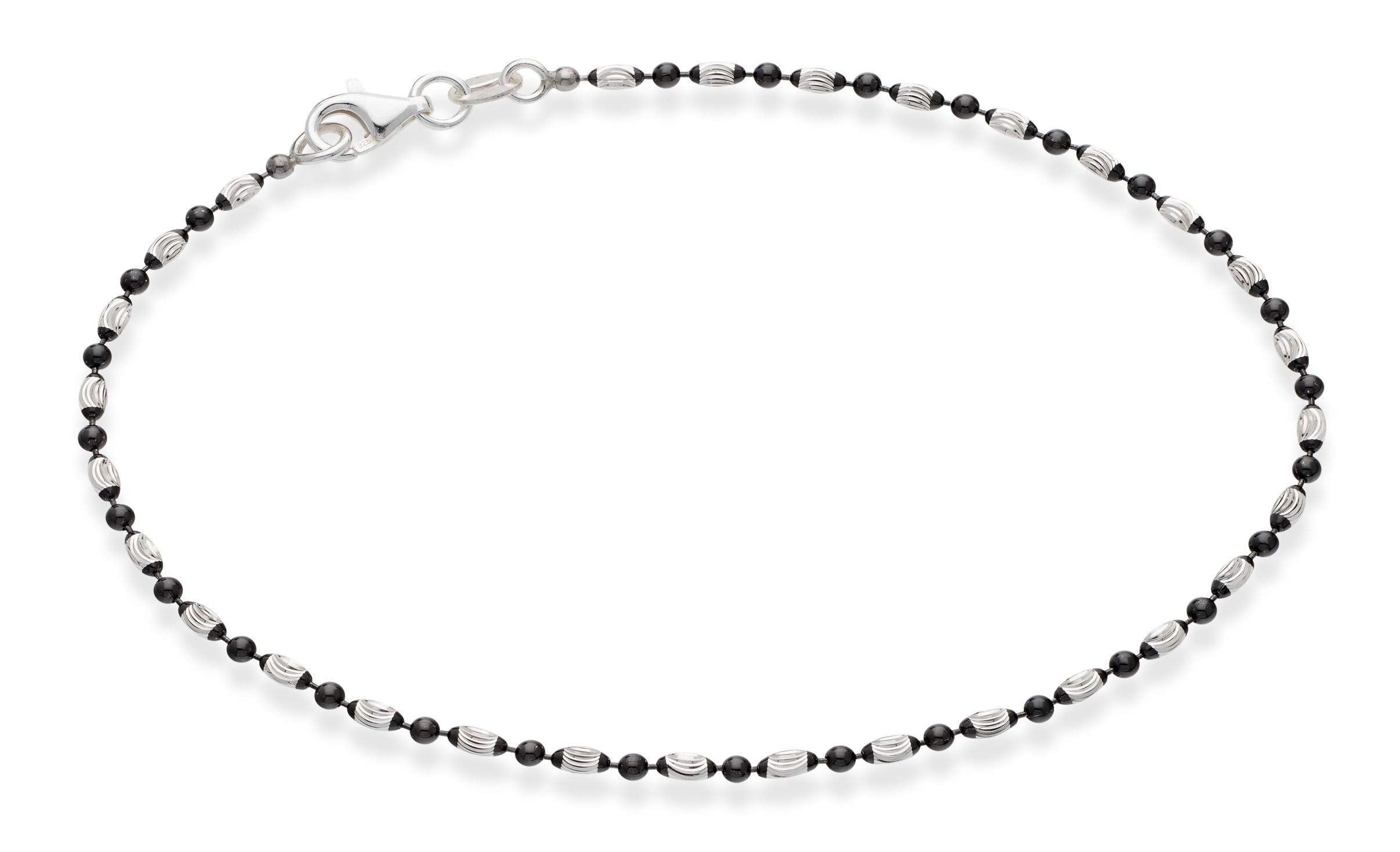 Miabella 925 Sterling Silver Diamond-Cut Oval and Round Bead Ball Chain Anklet Ankle Bracelet for Women, Made in Italy (black-rhodium-silver, Length 11 Inches)