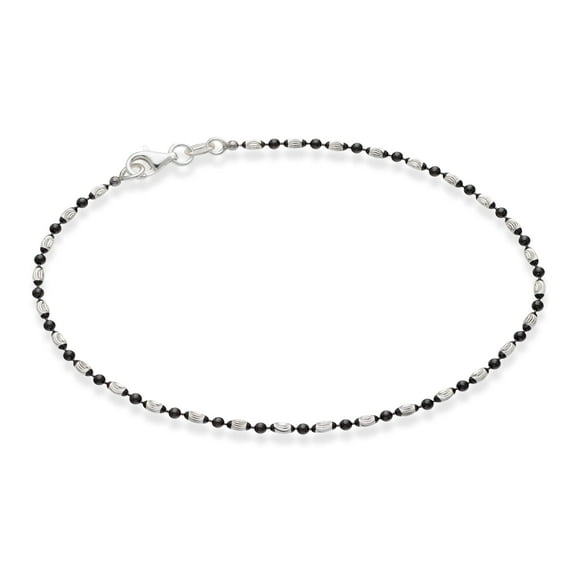 Miabella 925 Sterling Silver Diamond-Cut Oval and Round Bead Ball Chain Anklet Ankle Bracelet for Women, Made in Italy (black-rhodium-silver, Length 11 Inches)