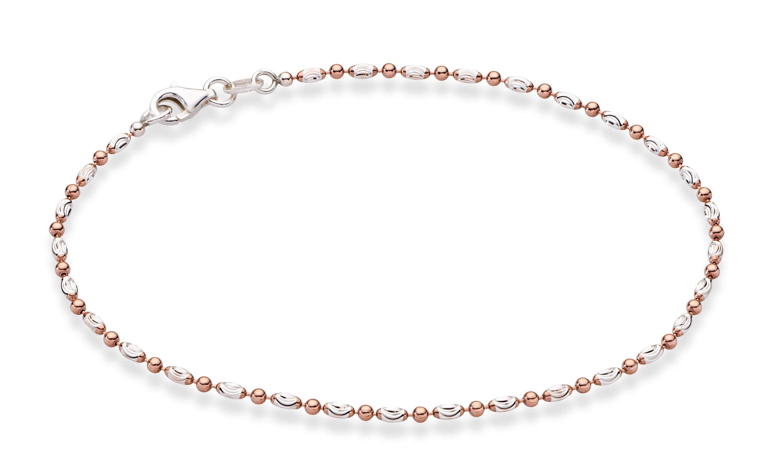 Miabella 925 Sterling Silver Diamond-Cut Oval and Round Bead Ball Chain Anklet Ankle Bracelet for Women, Made in Italy (rose-gold-plated-silver, Length 10 Inches)