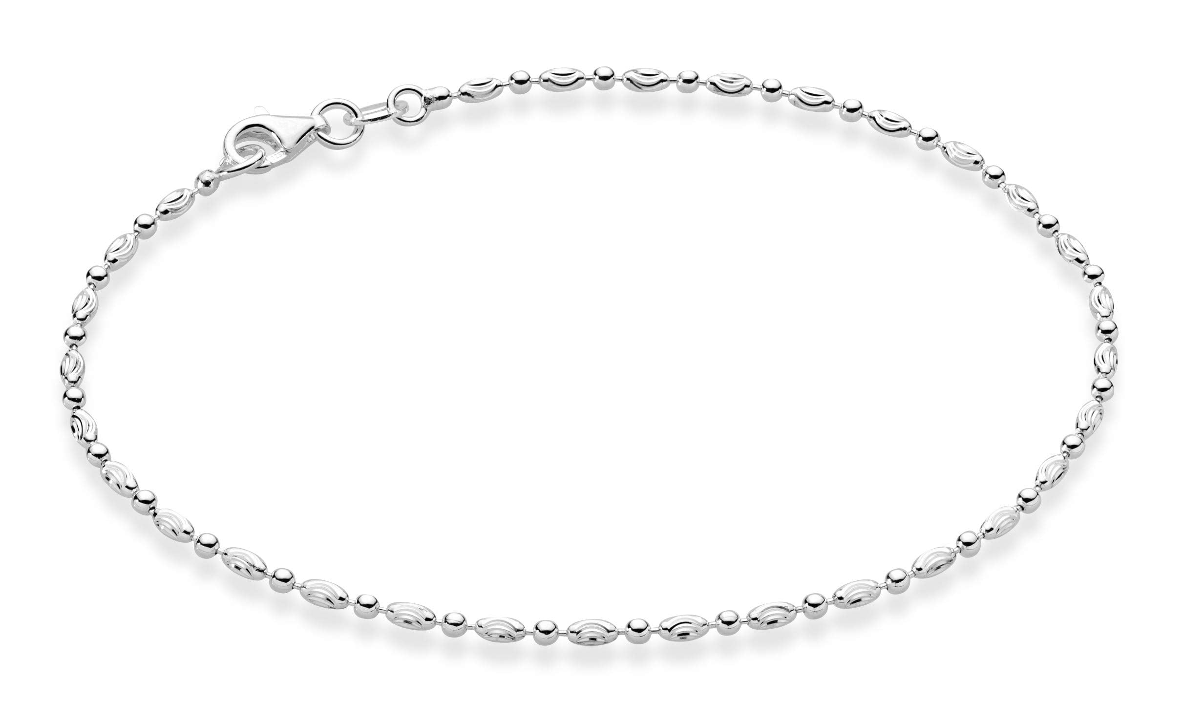 Miabella 925 Sterling Silver Diamond-Cut Oval and Round Bead Ball Chain Anklet Ankle Bracelet for Women, Made in Italy (sterling-silver, Length 9 Inches (X-Small))