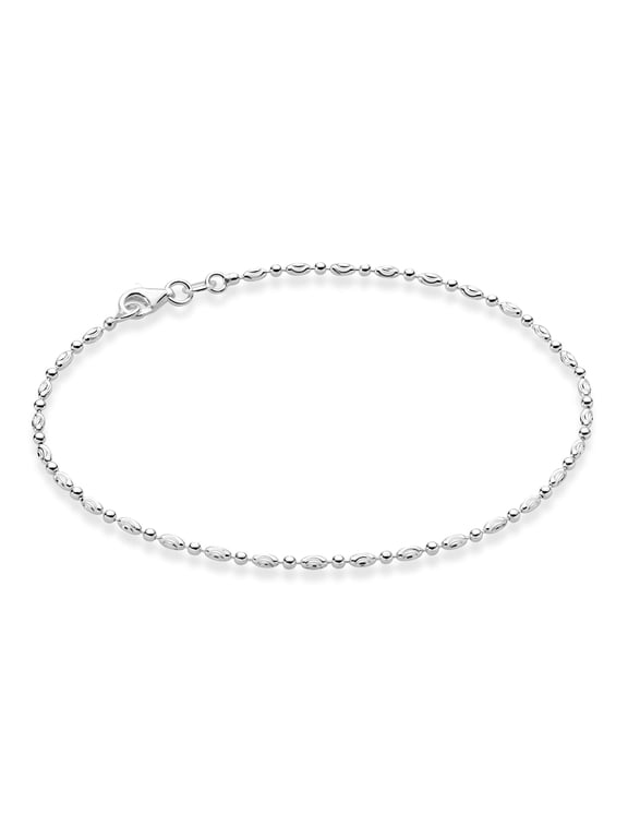 925 Sterling Silver Diamond-Cut Oval and Round Bead Ball Chain Anklet Ankle Bracelet for Women, Made in Italy (sterling-silver, Length 9 Inches (X-Small))