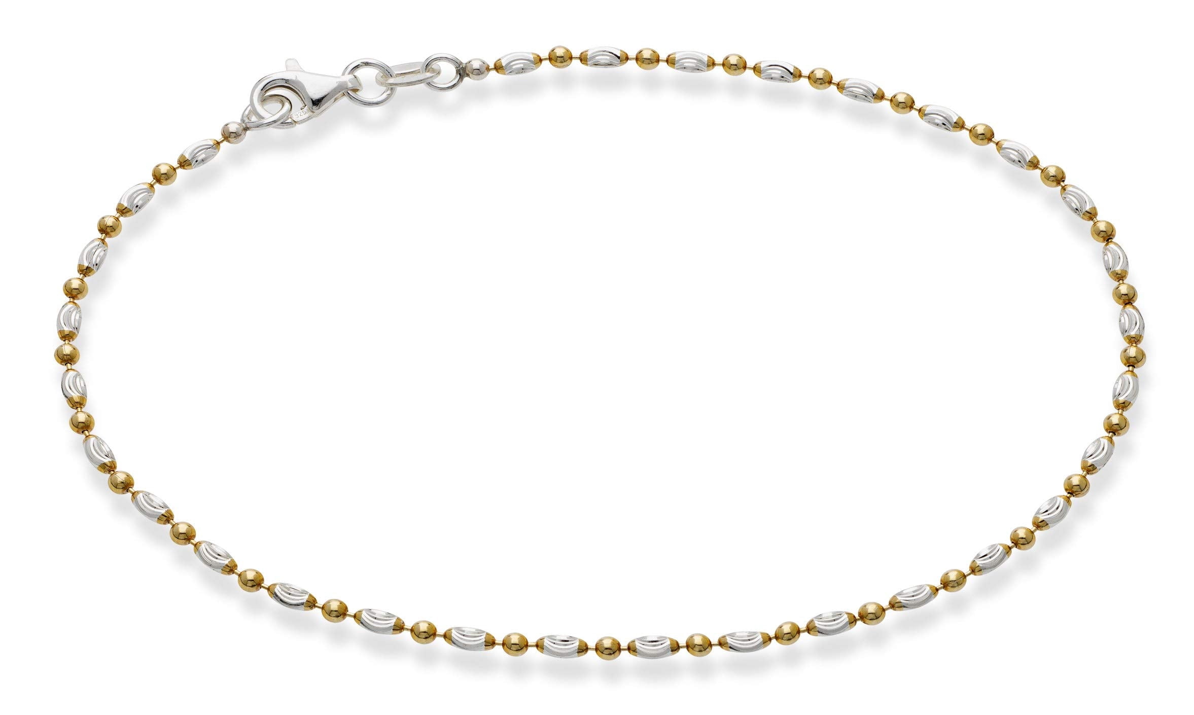 Miabella 925 Sterling Silver Diamond-Cut Oval and Round Bead Ball Chain Anklet Ankle Bracelet for Women, Made in Italy (yellow-gold-plated-silver, Length 11 Inches)