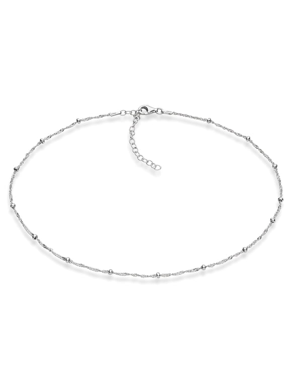 925 Sterling Silver Figaro, Beaded Singapore, Sparkle, Cuban Link Chain, Adjustable Choker Necklace for Women Made in Italy (Singapore Bead, Length 13+2 Inches)