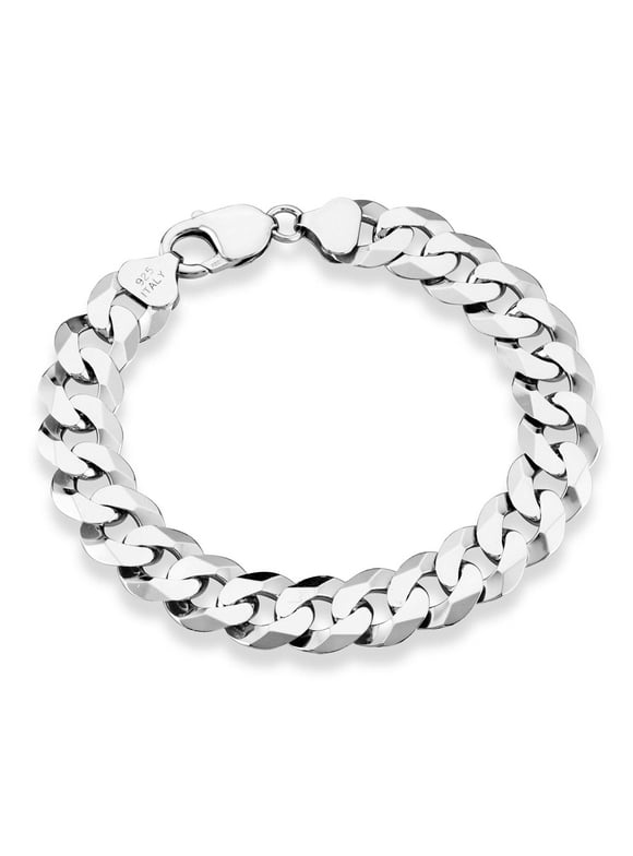 925 Sterling Silver Italian 12mm Solid Diamond-Cut Cuban Link Curb Chain Bracelet, Jewelry For Men Made in Italy (Length 8 Inches)