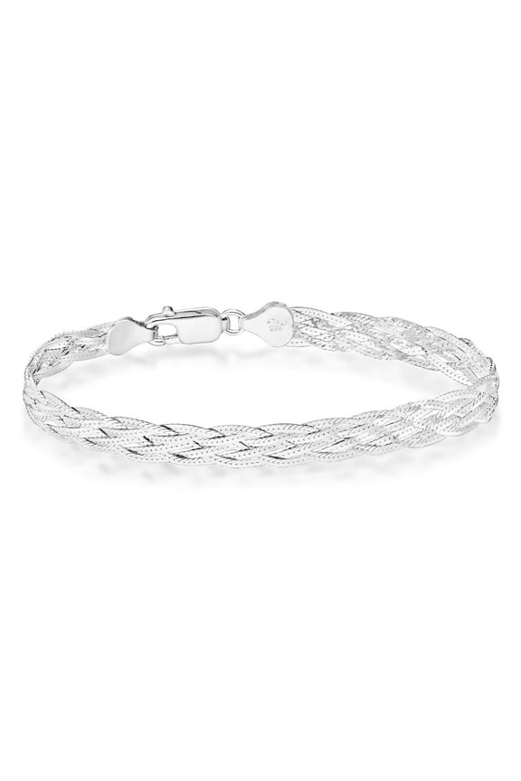 925 Sterling Silver Italian 6-Strand Diamond-Cut 7mm Braided Herringbone Chain Bracelet for Women, 925 Italy (Length 7.25 Inches)