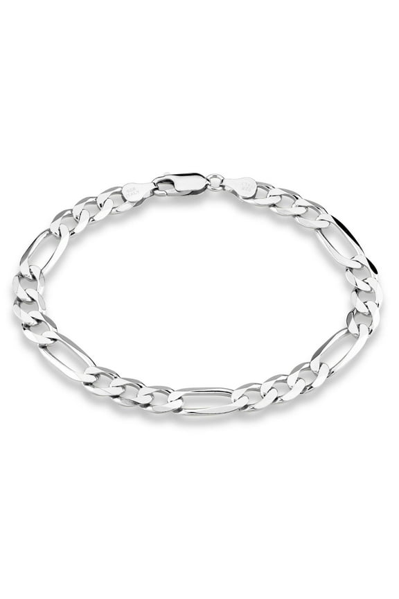 925 Sterling Silver Italian 7mm Solid Diamond-Cut Figaro Link Chain Bracelet for Men, Made in Italy (Length 7 Inches)