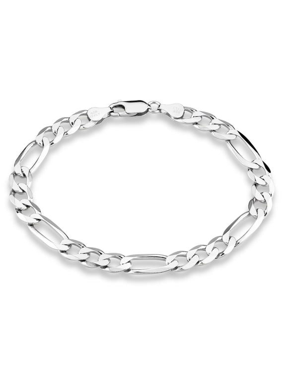 925 Sterling Silver Italian 7mm Solid Diamond-Cut Figaro Link Chain Bracelet for Men, Made in Italy (Length 7 Inches)