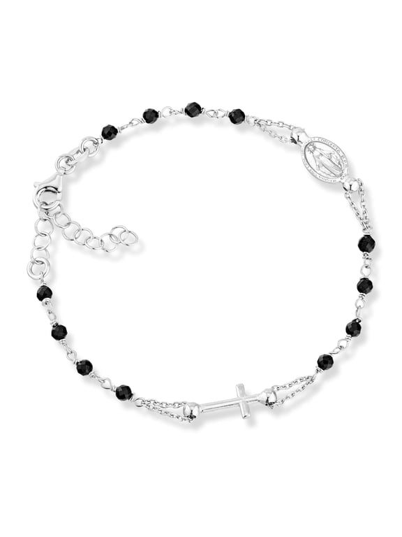 925 Sterling Silver Italian Natural Black Spinel Rosary Cross Charm Bead Bracelet for Women, Adjustable Link Chain, Handmade in Italy (Length 6 to 7 Inch)