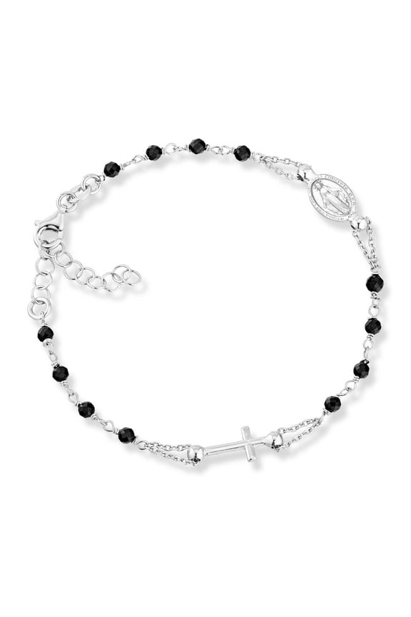 925 Sterling Silver Italian Natural Black Spinel Rosary Cross Charm Bead Bracelet for Women, Adjustable Link Chain, Handmade in Italy (Length 6 to 7 Inch)