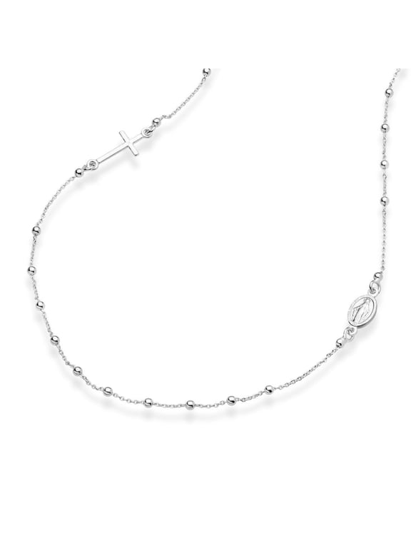 925 Sterling Silver Italian Rosary Beaded Sideways Cross Dainty Chain Necklace for Women Made in Italy (18 Inches)