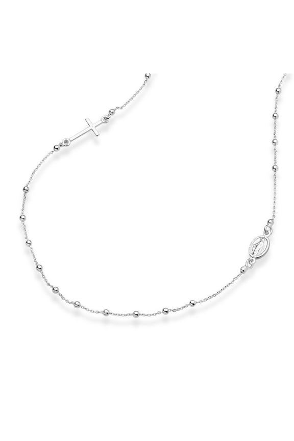 925 Sterling Silver Italian Rosary Beaded Sideways Cross Dainty Chain Necklace for Women Made in Italy (22 Inches)