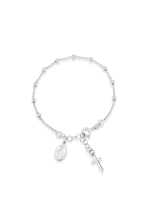 925 Sterling Silver Italian Rosary Cross Bead Charm Link Chain Bracelet for Women, Adjustable, Made in Italy (Length 6 to 7 Inch)