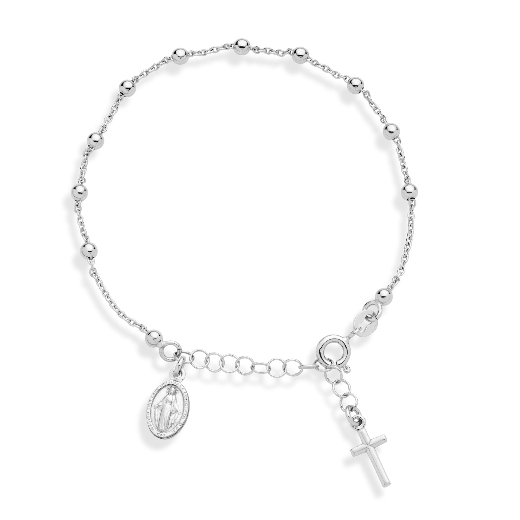 Miabella 925 Sterling Silver Italian Rosary Cross Bead Charm Link Chain Bracelet for Women, Adjustable, Made in Italy (Length 7 to 8 Inch)